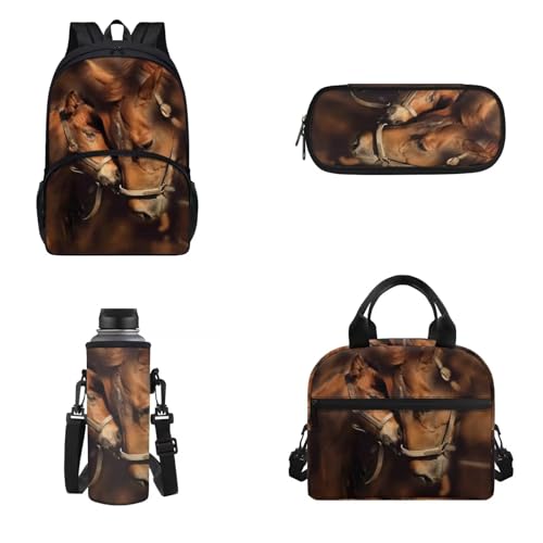 4 pezzi zaino pranzo borsa portamatite porta bottiglia dacqua per bambini adulti isolato Stampa con cavalli. Onesized Zaino per unisex leggero
