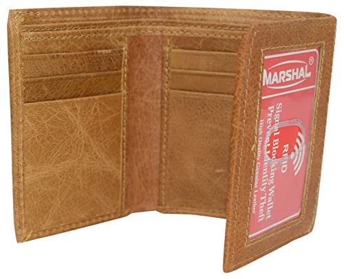 MARSHAL RFID Blocking Men's Cowhide Leather Outside ID Credit Card Holder Trifold Tan Wallet