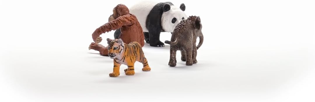 Schleich Wild Life Asia Starter Set – 4-Piece Miniature Wildlife Animal Set for Ages 3+, Featuring Elephant Calf, Giant Panda, Orangutan, and Tiger Cub
