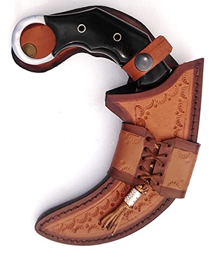 Ottoza Handmade Damascus Karambit Knife with Cow Horn Handle - Claw Knife - Survival Knife - Tactical Knife - Outdoor Knife - Damascus Steel Knife - Damascus Hunting Knife with Leather Sheath No:267
