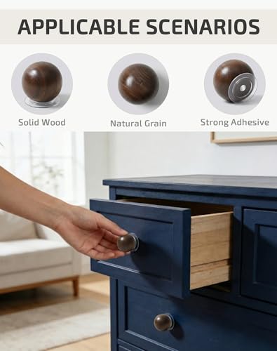 CcHhyyt Lot de 8 boutons de tiroir auto-adhésifs en bois de noyer, à décoller et à coller, sans perçage, boule ronde en bois pour placard, chambre d'enfant, commode – vue 4