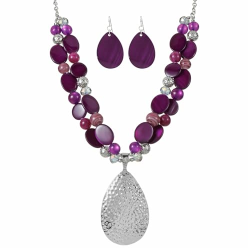 Xalroco 20‘’+3‘’ Silver Teardrop Pendant Statement Necklace for women Trendy Purple Crystal Shell Beaded Gemstone Necklaces and Earrings Set Jewelry Gifts (purple)