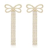 Pendientes largos de lazo de oro con borla para mujer, chapados en oro de 14 quilates, circonita cúbica, borla de lazo, cadena de flecos, lazo de diamantes de imitación, aretes de lazo, joyería de