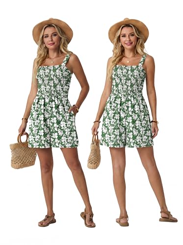 Image of Lepunuo Womens Rompers for Summer Casual Smocked Jumpers Overalls Square Neck Jumpsuits with Pockets Beach Vacation