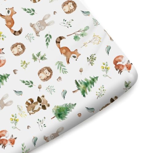 Image of Watercolor Animals Baby Crib Sheet for Boy Girl 52 inchx28 inch Raccoon Hedgehog Squirrel Fox Bunny Bird Forest Soft Breathable Stretchy Baby Bed Sheets for Standard Crib and Toddler Mattress