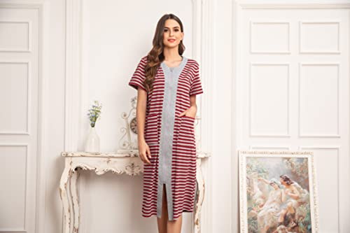 Ekouaer Womens Robe Loungewear, Casual Straight Zipper, V-Neck Contrast Color Patchwork Pajamas, Pockets, Red, X-Large #TOP4