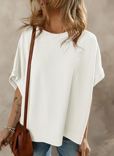 Dokotoo Women's Casual Oversized Short Sleeve Solid Color Loose Texture Knit Tunic Tops Blouses4