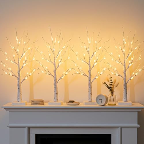 DELICHTER 4er Set Lichterbaum Lichterzweige für Innen 24 Warmweiß LEDs Bäumchen Birken Dekozweige Batteriebetrieb Weihnachtsdeko für Zuhause Party Geburtstag Hochzeit Innendekoration Tischdeko