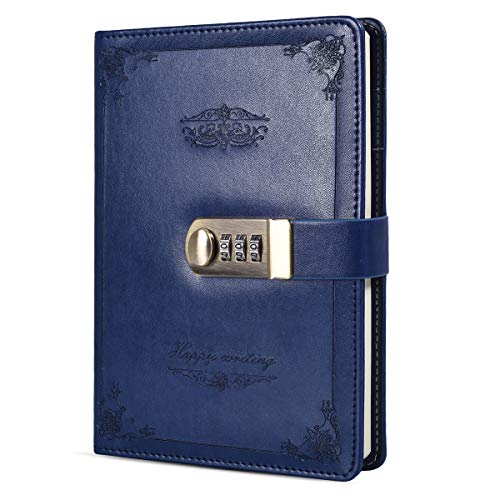 ARRLSDB Digital Password Lock Diary, PU Leather Combination Lock Journal (Combination Lock Diary) A5 Password Notebook Retro Privacy Journals Locking Personal Diary (Blue)