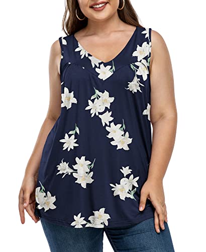 AYIFU Womens Plus Size Tank Tops Floral Sleeveless Pleated Front V Neck Shirts (Blue Lily, 22W)