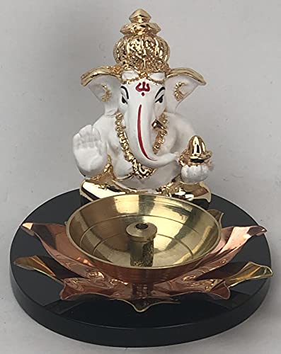 Image of Lord Ganesh Idol Figurine with Diya Polyresin Ganesha Murti for Ganesh Chaturthi Puja Ganesh Murti for Office Table Top Home Decor Gifting & Puja Decoration