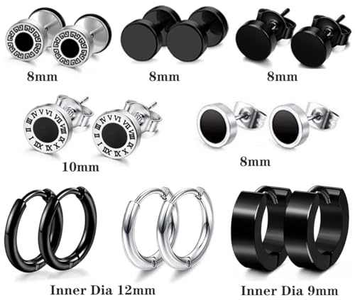 8-12 Pairs Earrings for Men Surgical Steel Mens Black Earrings Multipack Stud Huggie Small Hoop Earrings Set4