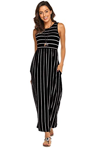 BDTECAOR Damen Sommer Casual Streifen Maxikleid Ärmellos Lockere Strand Swing Tank Kleider Schwarz L 2
