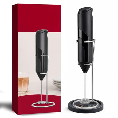 Handheld Milk Frother: Powerful Foam Maker with Stand & Coaster for Drip Control - Whisk Mixer for Coffee, Cappuccino, Latte, Matcha, Hot Chocolate, Black - Ideal Gift for Coffee Enthusiasts