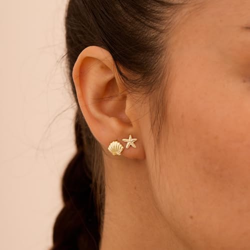 Gold Earrings for Women - 2 Pairs/1 Pairs 14K Gold/Silver Plated Small Shell, Starfish, Turtle, Seahorse, Octopus, Cicada Stud Earrings Set Summer Beachy Jewelry for Women Gifts2