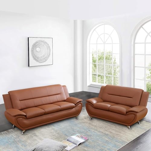 Plithzy Faux Leather 2 Piece Sofa Set, Modern Orange Living