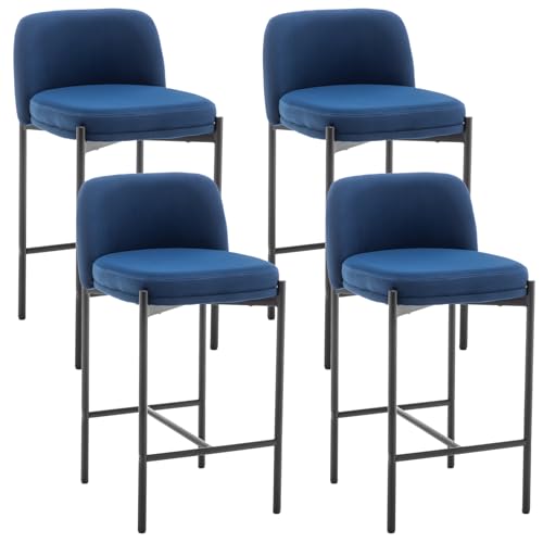 Butacos de altura para barra, juego de 4, diseño moderno con respaldo curvo, tapizados en terciopelo azul para isla de cocina, comedor, cafetería o pub miniatura 1