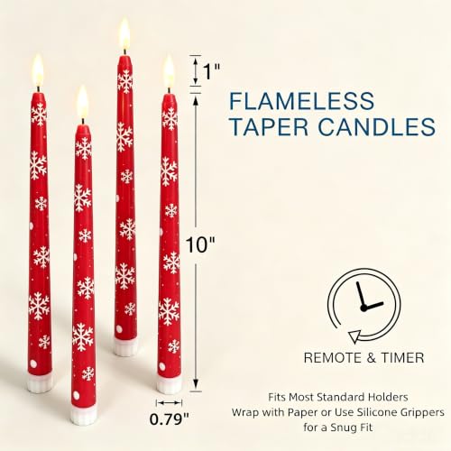Image of Red Snowflakes Christmas Flameless Taper Candles with Remote Set of 4