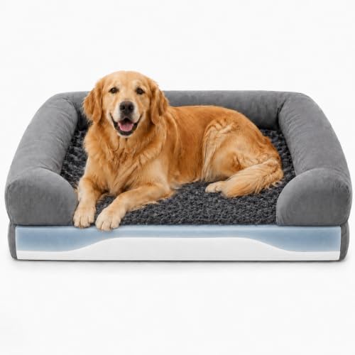 Orthopädisches Hundebett, 103 × 68 × 18 cm, Hundesofa für grosse hunde, Hundekorb mit Memory-Schaum & Stützschaum, ergonomischem Rand, rutschfestem Boden, wasserdicht, Bezug abnehm