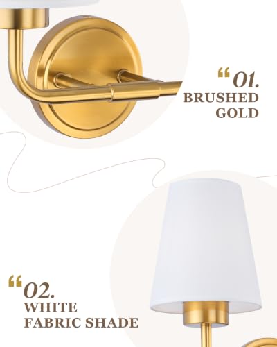 Image of Brushed Gold Bathroom Light Fixtures with White Fabric Shades | 2-light vanity light for bathroom hallway bedroom stairway, modern double wall sconces, AD-25052-2W-GD