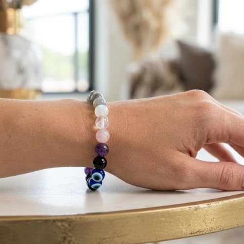 Image of Karka (Cancer) Rashi Bracelet | Labradorite, Moonstone, Clear Quartz, Rose Quartz,Amethyst, Evil Eye | Emotional Stability & Intuition | Relieves Anxiety, Boosts Intuition | For Men & Women