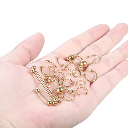 58Pcs Body Piercing Kit Surgical Steel 14G 16G Bcr Cbr Labret Lip Rings Cartilage Daith Earrings Belly Button Rings Nose Septum Piercing Jewelry Needles Gloves Clamps Tools, Gold #TOP5
