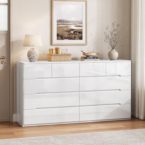 Image of 10 Drawer White Dresser for Bedroom, 55 inch Long Dresser Chest of Drawers, Large High Gloss Modern Storage Cabinet with Big Drawers Handle Free, Living Room, Entryway, Hallway