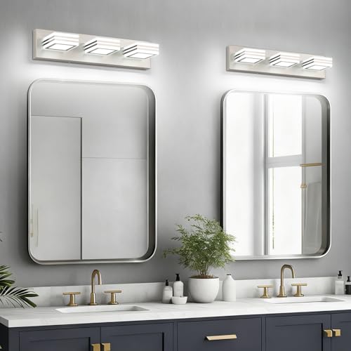 Image of SOLFART LED Bathroom Vanity Light Fixtures: 3 Light Brushed Nickel Modern Acrylic Bathroom Wall Lighting Fixtures Over Mirror 20in