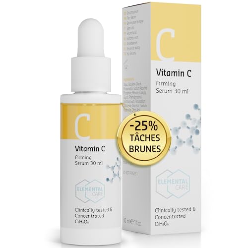 Serum Vitamine C Anti Taches Brunes Visage -25% de Tâches de Vieillesse en 3 Mois, + 57% de Collagene, Vitamine C Serum Visage 30ml, Serum Anti Tache Visage et Booster de Fermetée - Elemental Care