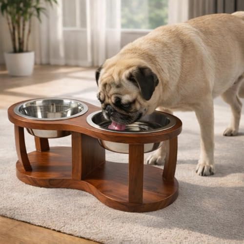 Image of Pure Souls Skye Pet Feeder, Natural Acacia Wood Feeders Stand, Elevated Dog Bowls 750 ml, Food Water Diner, Durable Double Bowl Feeding Stands for Dogs - Medium (43 x 21 x 12 cm)