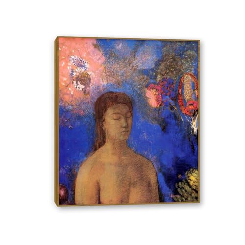 Impression sur Toile Odilon Redon pour Décoration Chambre : Tableau Femme Bleue Cadre en Teck