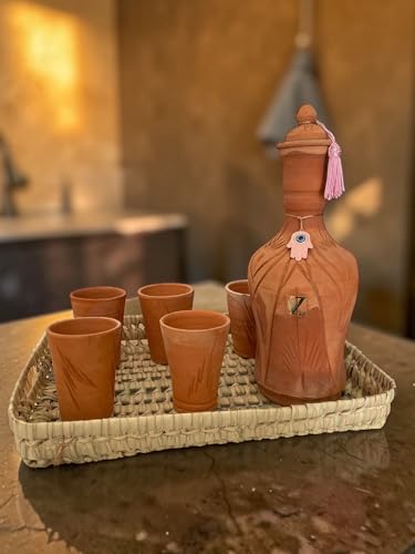 Jarre à Eau marocain Fait Main avec Robinet - Terre Cuite - Fontaine à Eau Traditionnelle avec 3 Tasses et Plateau - Filtration Naturelle - Décoration Orientale...