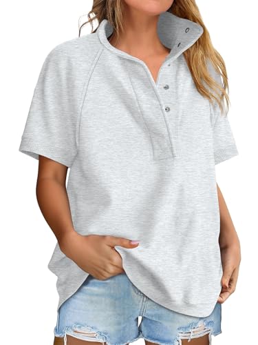 ANRABESS Womens Short Sleeve Tops Oversized Lightweight Sweatshirt Polo Shirts 2026 Summer Casual Button Pullover Top Outfits Light Grey Large