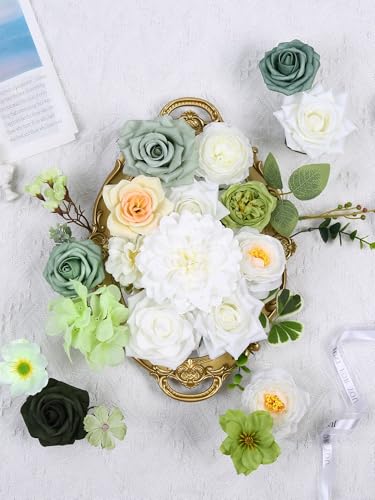LITOYNAN White & Green Artificial Flowers Combo Box Silk Fake Flower for DIY Wedding Bouquets,Wedding Decor, Outdoor Home Decor, Cake Flowers — view 2