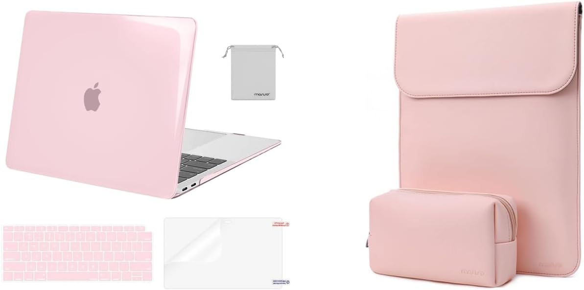 MOSISO Compatible with MacBook Air 13 inch Case 2022-2018 A2337 M1 A2179 A1932, Faux Suede Leather Laptop Sleeve with Small Bag&Hard Shell&Keyboard Cover&Screen Protector&Storage Bag, Rose Pink&Pink