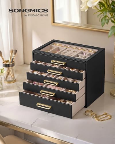 SONGMICS 5-Layer Jewelry Box with Glass Window, Jewelry Storage Organizer with 5 Drawers, Golden Handles, for Rings, Earrings, Bracelets, Gift Idea, Black, 6.8 x 9.4 x 7.2 Inches UJBC205BZ02S