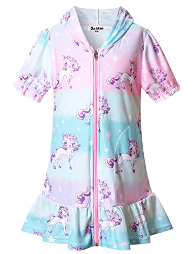 Jxstar Girls Swim Cover Up Zip Up Hooded Unicorn Swimsuit Cover-Up Beach Pool Robe Cover
