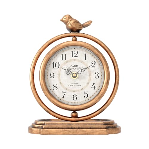 ChimeTide Gold Vintage Table Clock with Bird, European Retro Style Mantel Clocks, Desk and Shelf Decor Clock, for Living Room, Farmhouse, Bedside, Bedroom, Gift (7.9" H x 6.3" W)