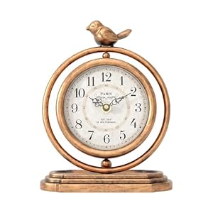 Gold Vintage Table Clock with Bird, European Retro Style Mantel Clocks, Desk and Shelf Decor Clock, for Living Room, Farmhouse, Bedside, Bedroom, Gift (7.9″ H x 6.3″ W)