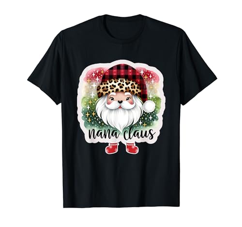 Family Christmas Nana Claus Leopard Buffalo Plaid Pajama Tee Maglietta