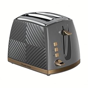 Russell Hobbs Groove 2 Slice Toaster (High Lift, Extra Wide Slots, 6 Browning levels, Frozen/Cancel/Reheat function – Illuminated buttons, Removable crumb tray, 850W, Grey, Brushed gold accents) 26392