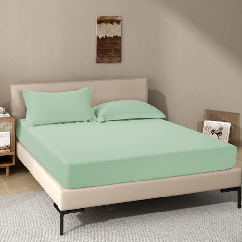 Image of Light Sage Green Fitted Sheet,Queen Size Fitted Sheet with Deep Pocket 18 inch,Ultra Soft & Breathable FittedSheet Easily Fits 18 inch to 24 inch Mattress