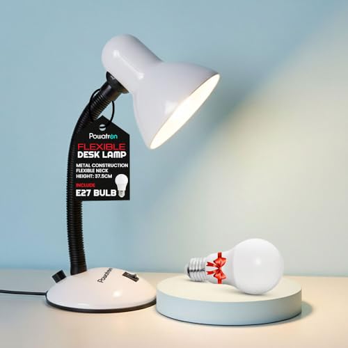 Flexible Desk Lamp with Bulb – Flexi Table Reading Lamp Adjustable Neck Metal Construction On/Off Switch & 1.5m Cable W/BS Approved Plug Mains Powered Desk Lamps | Perfect for Home & Office Use