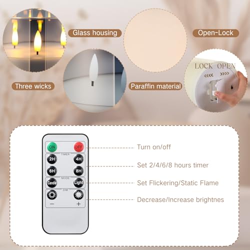 Image of Retisee 6'' x 6'' Extra Large Flameless Candles, 3 Wick Glass Large Fall Candles with Remote Control and Timer Function, Real Wax LED Pillar Flickering for Autumn Party Decor(Classic,Gray,1 Pcs)