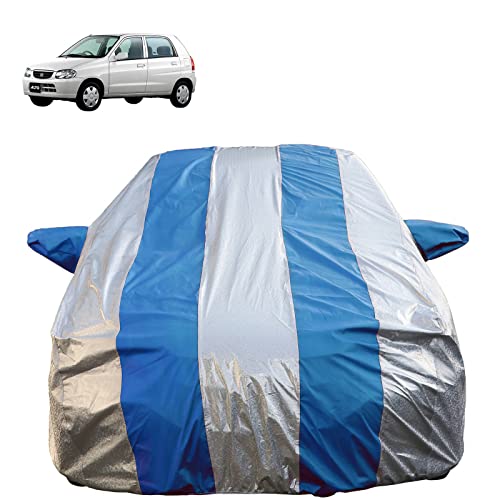 Image of Autofact Waterproof Car Body Cover Compatible with Maruti Alto Old Model (2000 to 2014) with Mirror Pockets (Blue Stripes with Shinning Silver Fabric /Waterproof Cover)
