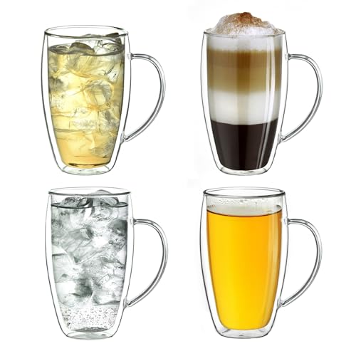 Creano Set 4 Tazze con Manico Cappuccino 250ml Doppia Parete in Vetro Borosilicato – Bicchieri con Manico Termici Isolanti per Caffè Tè Latte – Design Elegante Regalo Premium - Set 4x 250ml