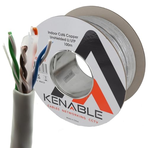 kenable Cat6 Ethernet Cable Reel 100m Grey | 23AWG Solid Copper UTP Network Cable | Indoor PVC | Fluke Tested | CPR Eca Rated | RJ45 LAN Cable Box