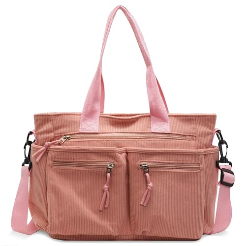 Keyck Sac à Main en Velours Côtelé Femme, Bandoulière Multipoches Grande Capacité, Cabas Tote Bag Tendance, Fourre Tout pour Travail École Voyage Shopping (Rose)
