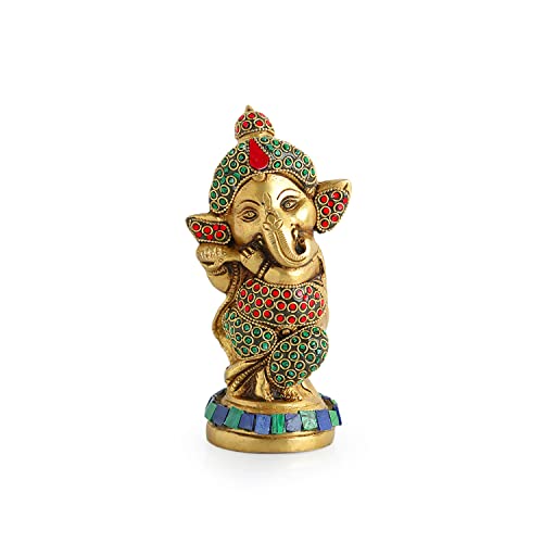 Image of ExclusiveLane 'Englighted' Brass Ganesha Idol for Home (100% Pure Brass, 0.9 Kg, 5.7 Inch)|Decorative Items for Living Room Showpiece for Home Decor Showpiece for Gift Diwali Housewarming Return Gifts