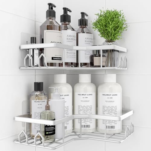 QHMCHLDZ Adhesive Shower Caddy, 2 Pack Corner Bath Organizer, Rustproof Stainless Steel Shower Shelves with Large Capacity, No Drilling Shelves for Bathroom Storage, Home, Kitchen Décor(XL-White)
